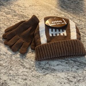 ☃️$5☃️ Football Kids Brown Knit Hat and Gloves Set NWT